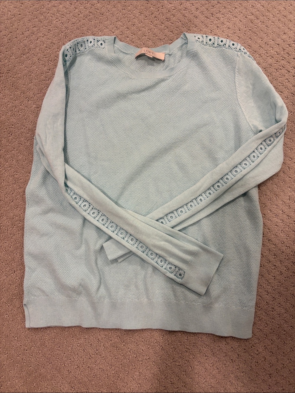 LOFT Light Blue (mint) Women's Crewneck Sweater with Eyelet Trim sleeves